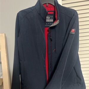 Men's Dark Blue Bomber Jacket with Red Accents